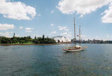 a sailboat in Sydney Harbor with the opera house in the bridge in the background Susan's Story, a sailboat in Sydney Harbor with the opera house and a bridge in the background