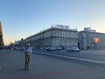 Hugh walking along a wide beautiful street in Minsk, Belarus Photo from Susan's Story, Europe 2018, Hugh walking along a wide beautiful street in Minsk, Belarus