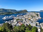 The view from the top of Mt Aksla of Ålesund with three cruise ships in port Photo from Susan's Story, Europe 2018, The view from the top of Mt Aksla of Ålesund with three cruise ships in port